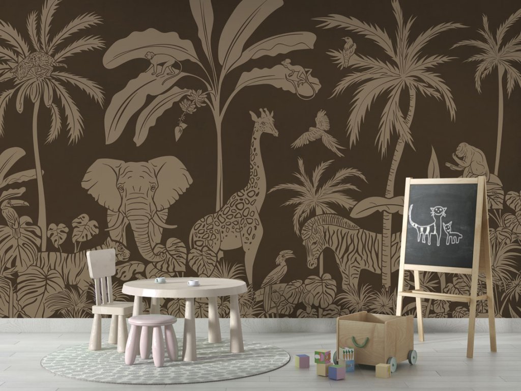 Dětská tapeta džungle Monochrome Jungle BROWN VINTAGE Mural School board Copy