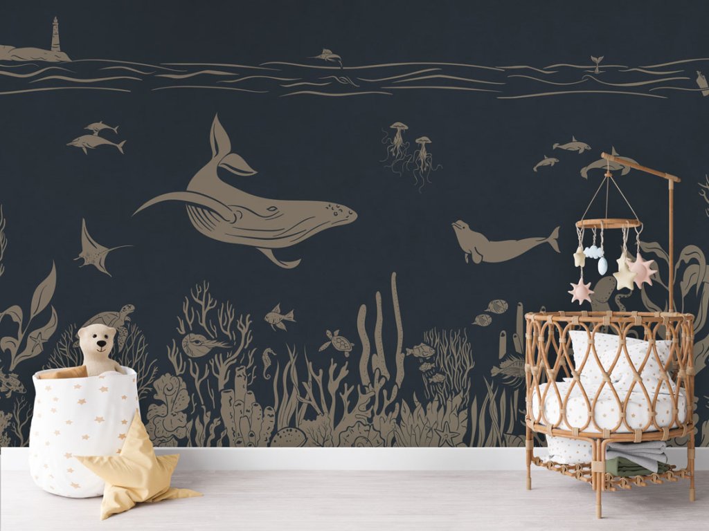 Tapeta podmořský svět Monochrome sea BLUE VINTAGE Mural Crib rotan Copy