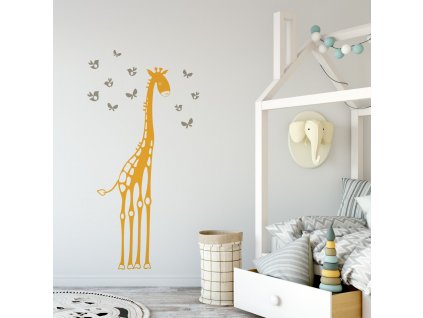 samolepka na stenu zirafa motylci a ptacci v detskem pokoji 080 036