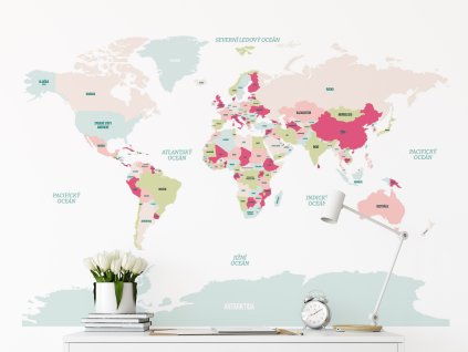 mapa sveta samolepici samolepka na zed růžová interier