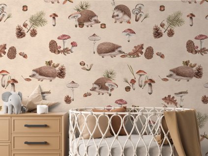 Lesní tapeta s ježky Happy Hedgehog Beige detail