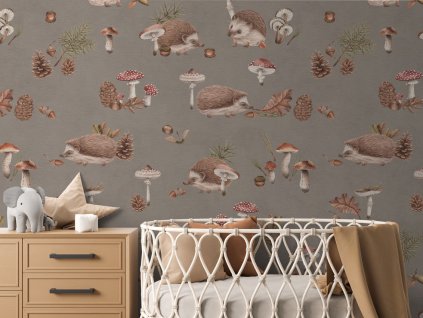 Lesní tapeta s ježky Happy Hedgehog Brown detail
