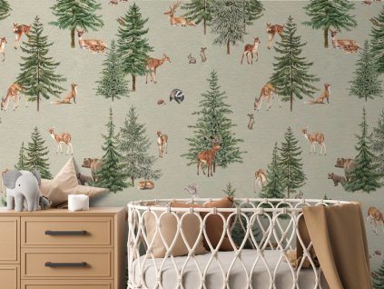 Tapeta borovicový les Pine Forest Green detail