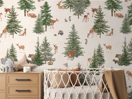 Tapeta borovicový les Pine Forest White detail