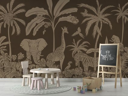 Dětská tapeta džungle Monochrome Jungle BROWN VINTAGE Mural School board Copy