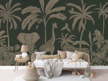 Dětská tapeta džungle Monochrome Jungle GREEN VINTAGE Mural Rotan couch Copy