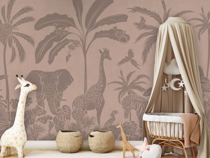 Dětská tapeta džungle Monochrome Jungle PINK VINTAGE Mural Crib clamboe Copy