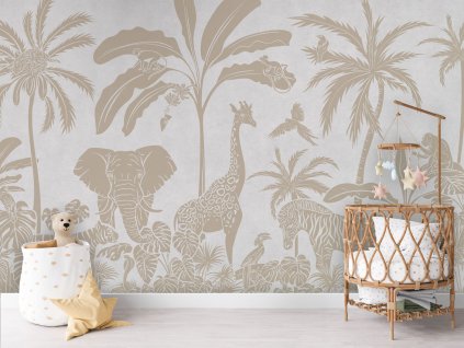 Dětská tapeta džungle Monochrome Jungle WHITE VINTAGE Mural Crib rotan Copy