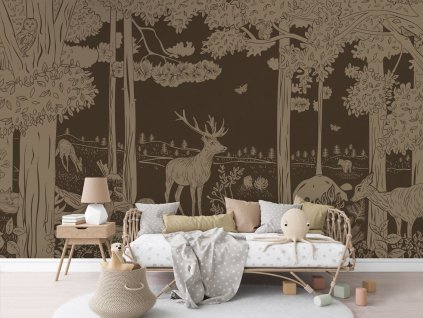 Dětská tapeta les Monochrome Forest BROWN VINTAGE Mural Rotan couch Copy