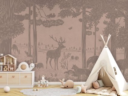 Dětská tapeta les Monochrome Forest PINK VINTAGE Mural Tipi Copy