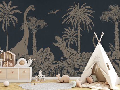 Tapeta s dinosaury Monochrome Dino BLUE VINTAGE Mural Tipi Copy