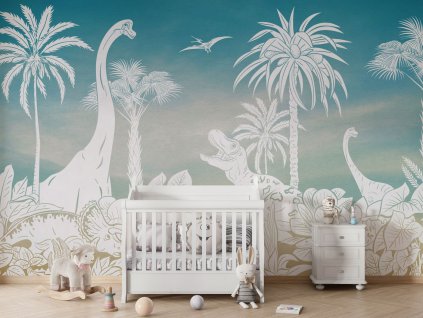 Tapeta s dinosaury Monochrome Dino BLUE SKY Mural Crib white Copy