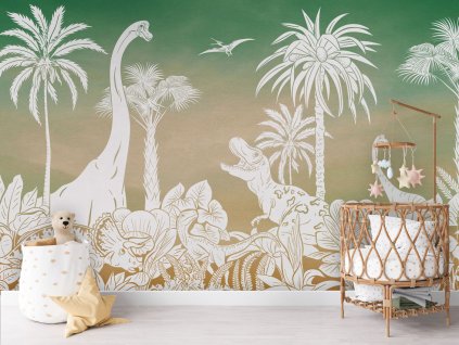 Tapeta s dinosaury Monochrome Dino GREEN SKY Mural Crib rotan Copy