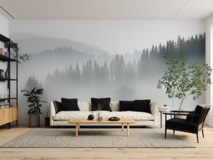 svetla tapeta les v mlze white land interier