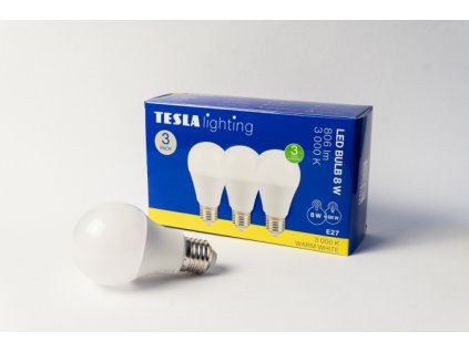 Tesla - LED žárovka BULB E27, 8W, 230V, 806lm, 25 000h, 3000K teplá bílá, 220st 3ks v balení