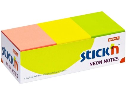 Bloček samolepicí Stick'n Hopax, 38x51 mm, 3 neonové barvy, 12x100 lístků