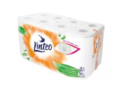 Papír toaletní Linteo, 3vrstvý, celulóza, 15 m, 130 útržků, bílý, 16 ks