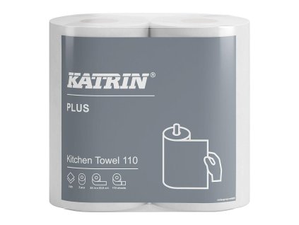 Utěrka papírová Katrin Plus, 2vrstvá, celulóza, kuchyňská role, ø 13,4 cm, 24,2 m, bílá, 2 ks