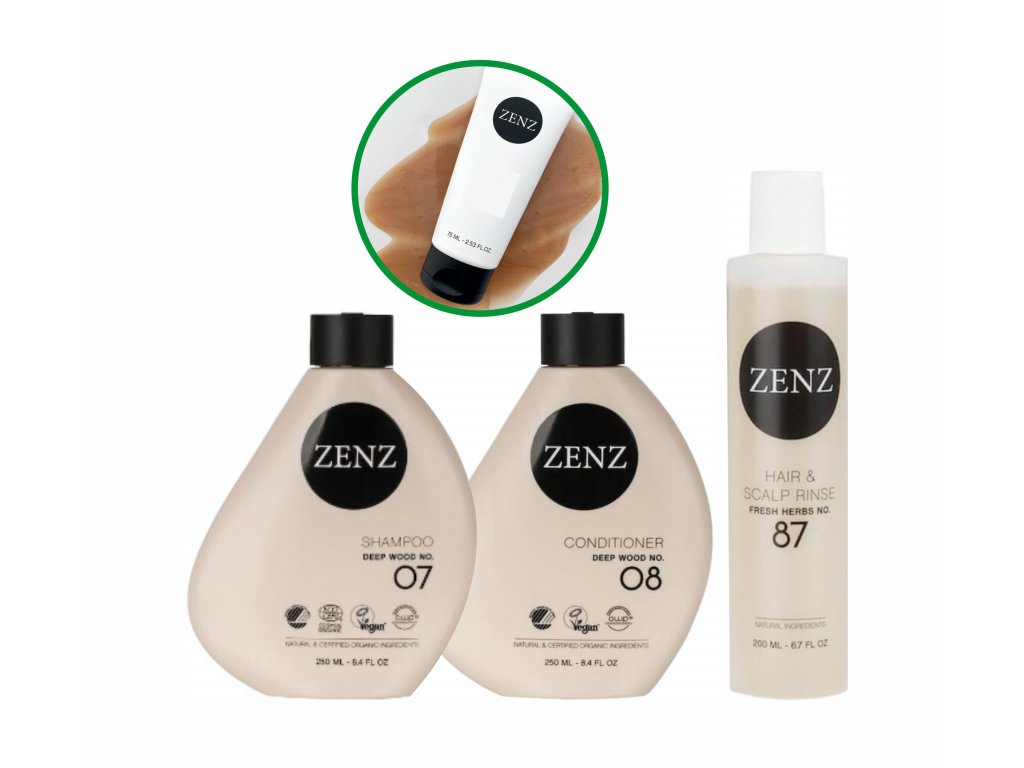 ZENZ NO.07 deep wood shampoo 250 ml + zenz deep wood conditioner 250 ml + zenz no.87 hair rinse & treatment fresh herbs 200 ml + Cestovní balení ZENZ | shop