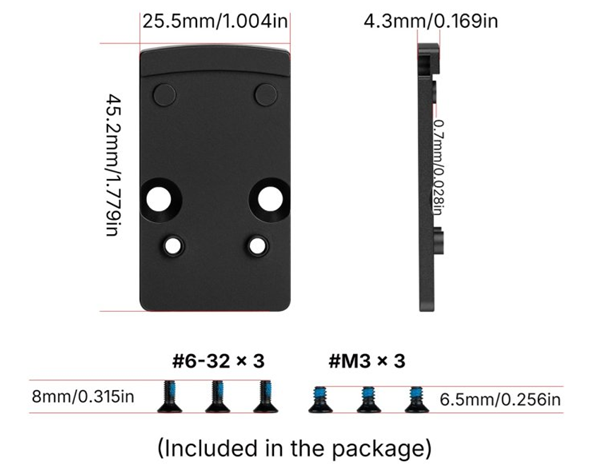 Montážní deska Osight RMR na RMSc Olight - rozměry