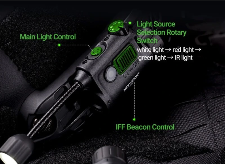 Taktické světlo na helmu rStar Nextorch - ovládání