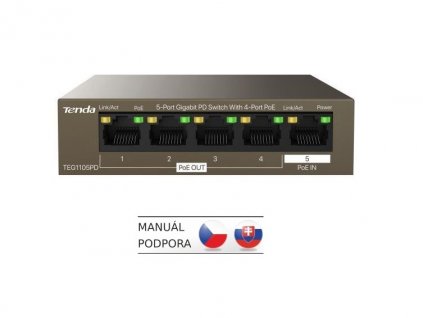 Tenda TEG1105PD PoE PD Gigabit switch, 1x PoE IN, 4x PoE OUT 802.3af, 5x 1 Gb/s, max. 30W, fanless (TEG1105PD)