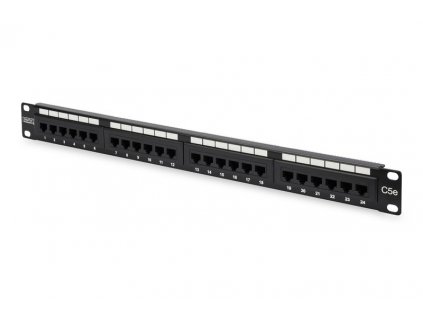 DIGITUS CAT 5e patch panel, nestíněný, 24 portů RJ45, 8P8C, LSA, 1U, do stojanu, černý, 482x44x109