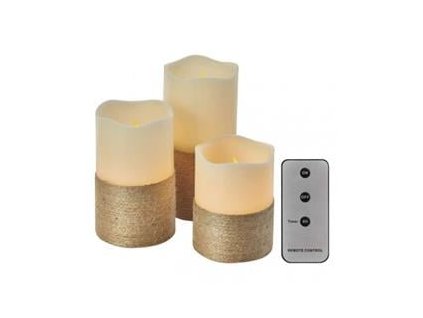 LED dekorace – vosková svíčka omotaná provázkem, 3x AAA, vnitřní, vintage, 3 ks, ovladač (DCCV06)