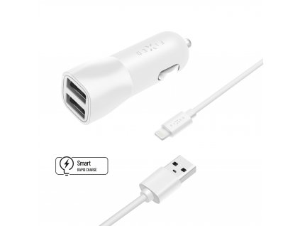 Set autonabíječky FIXED s 2xUSB výstupem a USB/Lightning kabelu, 1 metr, MFI certifikace, 15W Smart Rapid Charge, bílá (FIXCC15-2UL-WH)