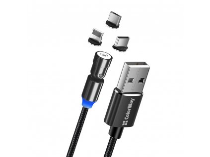 ColorWay kabel 3v1 USB - Lightning, microUSB a USB-C 1m, magnetický rotační (CW-CBUU037-BK)