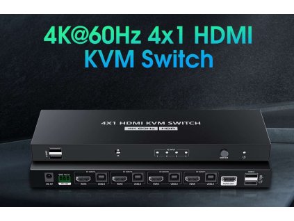 4K@60Hz HDMI2.0 KVM switch 4:1 s dálkovým ovladačem (khswit41e)