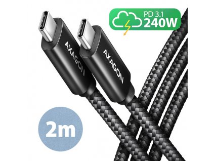 AXAGON BUCM2-CM20AB, CHARGE kabel USB-C <-> USB-C, 2m, Hi-Speed USB, PD 240W 5A, ALU, oplet, černý (BUCM2-CM20AB)