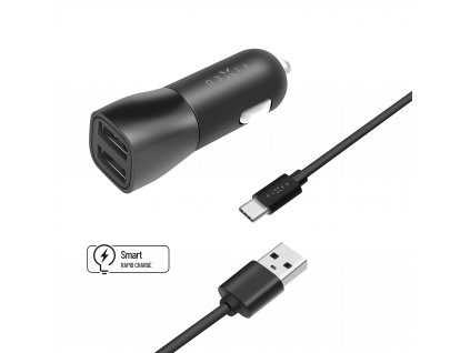Set autonabíječky FIXED s 2xUSB výstupem a USB/USB-C kabelu, 1 metr, 15W Smart Rapid Charge, černá (FIXCC15-2UC-BK)