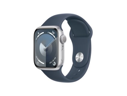 Apple Watch Series 9 41mm Stříbrný hliník s ledově modrým sportovním řemínkem -M/L (MR913QC/A)
