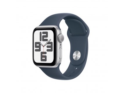 Apple Watch SE 40mm Stříbrný hliník s bouřkově modrým sportovním řemínkem - M/L (MRE23QC/A)