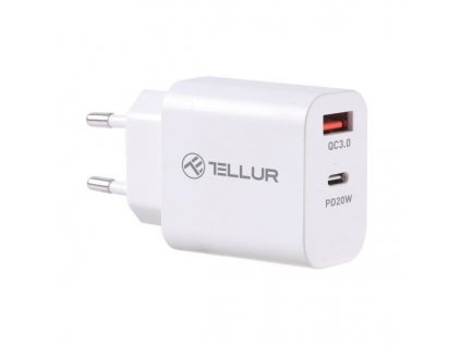 Tellur PDHC101 síťová dvouportová USB nabíječka, PD 20W + QC3.0 18W, bílá (TLL151381)