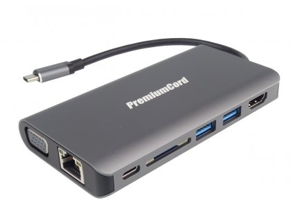 PremiumCord Převodník USB-C na HDMI+VGA+RJ45+2xUSB3.0+SD card +3,5mm+PD charge (ku31dock08)