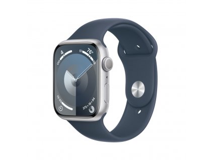 Apple Watch Series 9 45mm Stříbrný hliník s ledově modrým sportovním řemínkem - M/L (MR9E3QC/A)