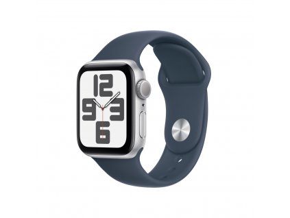 Apple Watch SE 40mm Stříbrný hliník s bouřkově modrým sportovním řemínkem - S/M (MRE13QC/A)