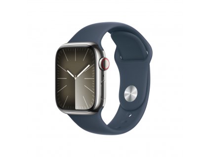 Apple Watch Series 9 41mm Cellular Stříbrný nerez s ledově modrým sportovním řemínkem - S/M (MRJ23QC/A)