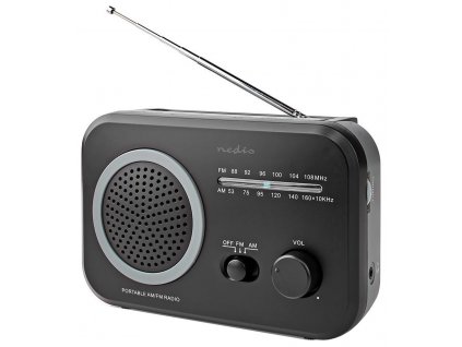 NEDIS přenosné rádio/ AM/ FM/ napájení z baterie/ síťové napájení/ analogové/ 1.8 W/ výstup pro sluchátka/ černo-šedé (RDFM1330GY)