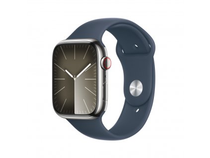Apple Watch Series 9 45mm Cellular Stříbrný nerez s ledově modrým sportovním řemínkem - S/M (MRMN3QC/A)