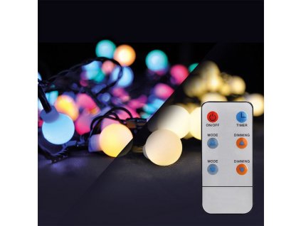 Solight LED 2v1 venkovní vánoční řetěz, koule, dálkový ovladač, 100LED, RGB+bílá, 10m+5m, 8 funkcí, IP44 (1V08-RGB)