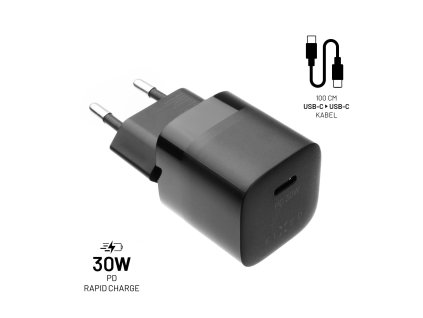 Set síťové nabíječky FIXED Mini s USB-C výstupem a USB-C/USB-C kabelu, podpora PD, 1 metr, 30W, černý (FIXC30M-CC-BK)