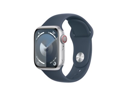 Apple Watch Series 9 41mm Cellular Stříbrný hliník s ledově modrým sportovním řemínkem - S/M (MRHV3QC/A)