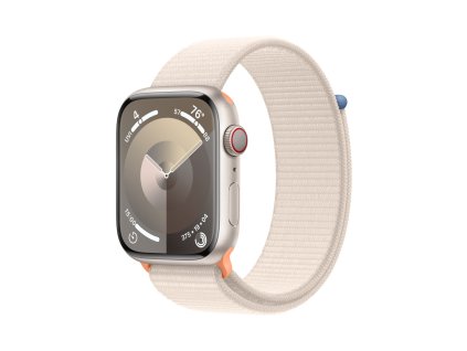 Apple Watch Series 9 45mm Cellular Hvězdně bílý hliník s hvězdně bílým provlékacím sportovním řemínkem (MRMA3QC/A)