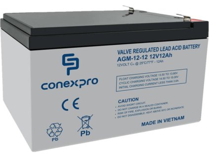 Conexpro baterie AGM 12V, 12Ah, životnost 5 let, Faston 6,3 (AGM-12-12)