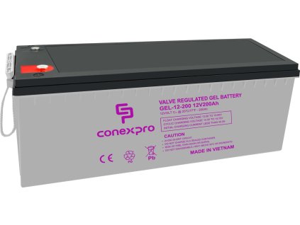 Conexpro baterie gelová, 12V, 200Ah, životnost 10-12 let, M8, Deep cycle (GEL-12-200)