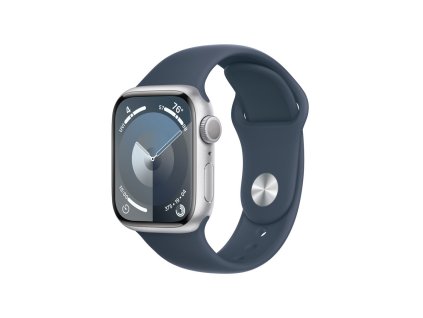 Apple Watch Series 9 41mm Stříbrný hliník s ledově modrým sportovním řemínkem - S/M (MR903QC/A)