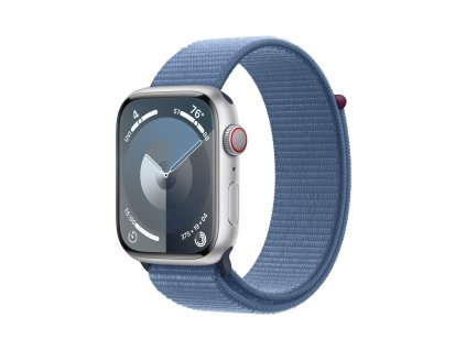 Apple Watch Series 9 45mm Cellular Stříbrný hliník s ledově modrým provlékacím sportovním řemínkem (MRMJ3QC/A)
